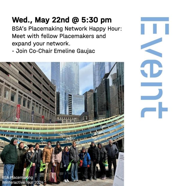 Join Co-Chair Emeline Gaujac for the BSA Placemaking Network Happy Hour with brief presentations from municipal, private and non-profit organizations around their placemaking activities, followed by a networking session.⁠
⁠
Meet with fellow Placemakers, expand your network, and see some of the events the Collaborative has been putting together.⁠
⁠
More info + register at link in bio.⁠
⁠
Location: Boston Society for Architecture ⁠
(BSA Space), 290 Congress Street⁠
Boston, MA⁠
⁠
#PCA_placemaking #PCA_network
