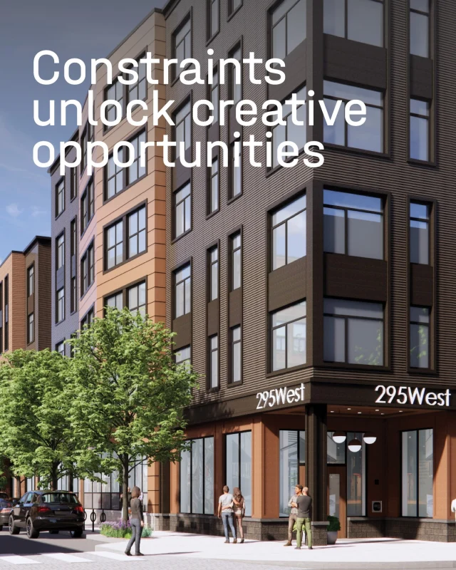Challenges inspire better design, and we see them as opportunities to create engaging places for people. 295 West 1st Street, located in Boston, is a Board-approved, 236-unit residential project that includes both market-rate and income-restricted homes to help address the city’s housing shortage. In addition, collaboration between our design team, our client, the City of Boston and surrounding community groups resulted in bike-share facilities, open community space and a new public yard for everyone to enjoy.

295 West 1st Street adds much-needed affordable homes for Boston residents and reflects the team's commitment to the community.

Client partner and project team: Jones Street, Verdant, WSP, H+O and Howard Stein Hudson