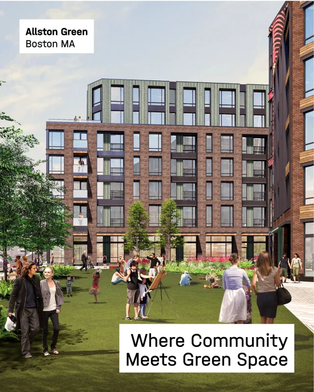 At Allston Green, the design focuses on creating a sense of belonging through a network of public spaces, community-focused uses and artist-centered amenities. The new neighborhood green and the adjacent ‘Artists Row' featuring artist live/work units, an artist co-working space and active ground-floor uses, establishes a welcoming destination in a part of Allston long lacking accessible open space. 

Three buildings and two greens are arranged across the site to shape pedestrian-friendly connections, expressive facades and moments of color and creativity, including murals by local artists.

With Building C headed toward construction soon, the project continues to shape an inclusive, art-forward vision for the community.

Client partner and project team: LBC Boston, WSP, R.W. Sullivan, Bohler, Halvorson | Tighe + Bond Studio and Haley & Aldrich
